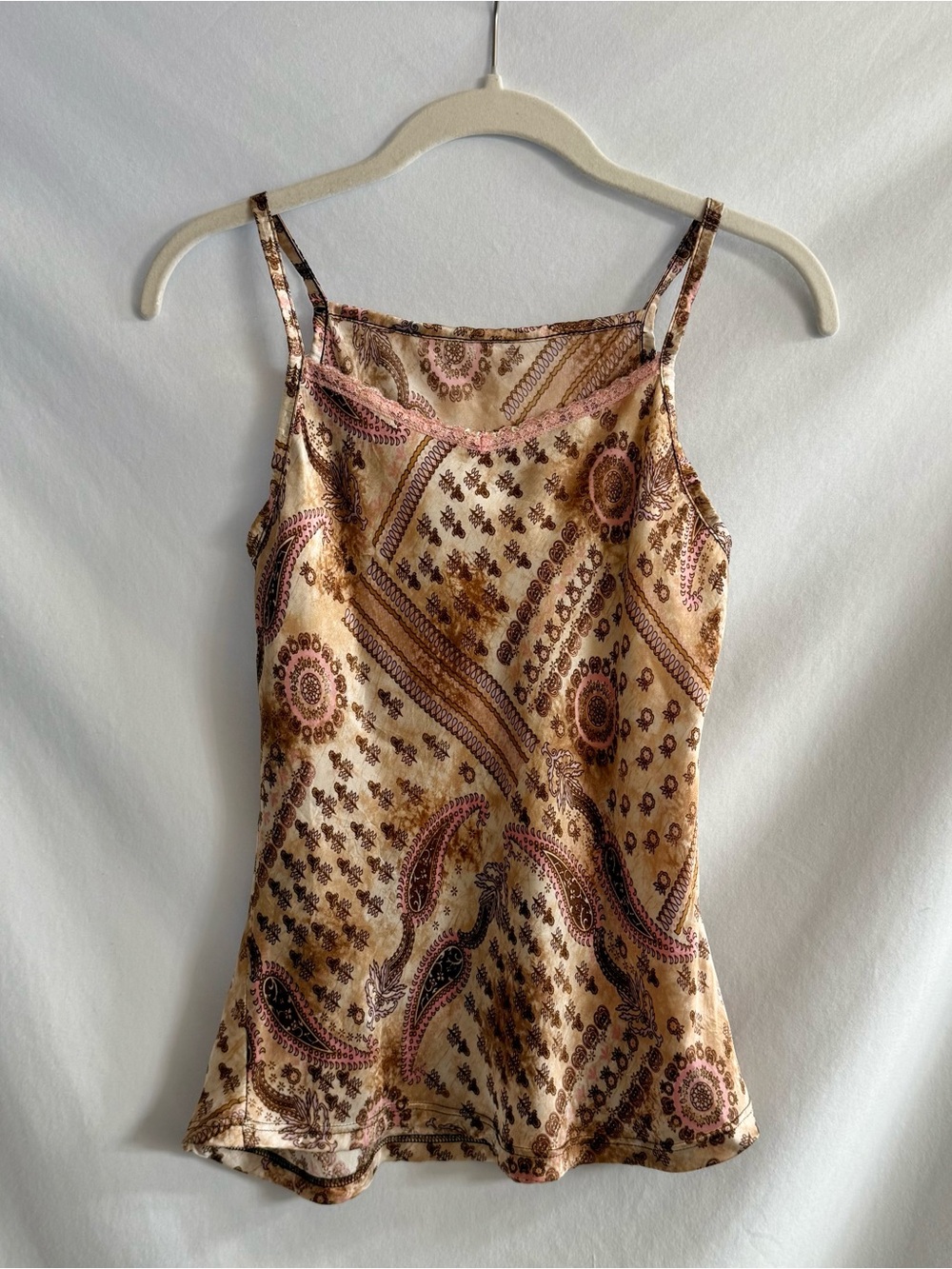 Y2K Brown & Pink Paisley Lace Trim Tank